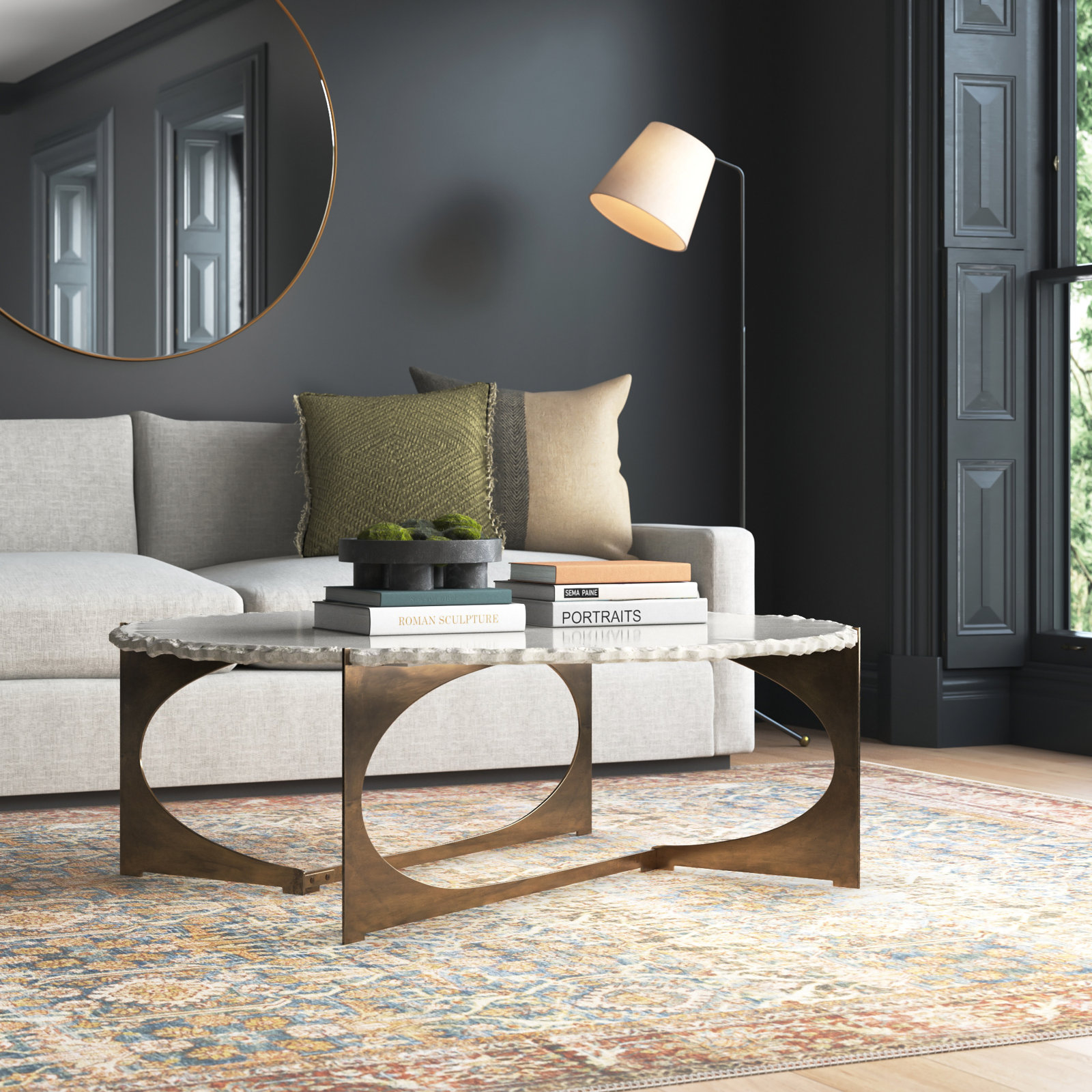 Giles Single Coffee Table, White Top/Antique Gold Base