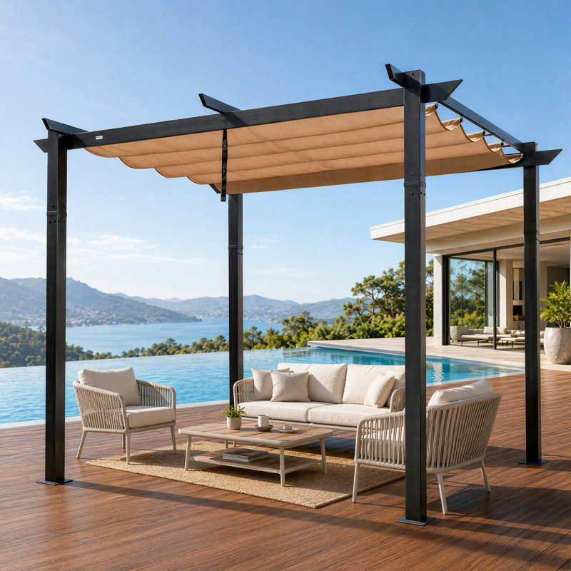 Pergola d'extérieur rétractable 10 pi x 10 pi avec auvent beige et base d'ancrage, 10 ft. W x 10 ft. D, Beige