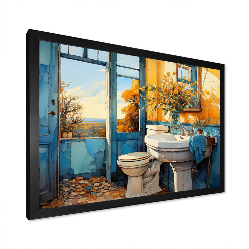 " Bathroom Turquoise Painting I ", 30" H x 40" W x 1.5" D, Black Picture Framed