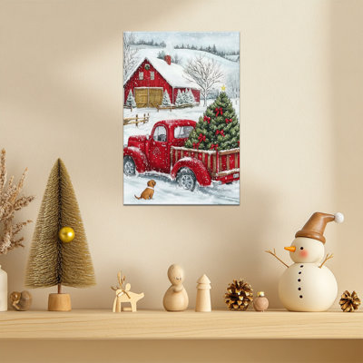 Art de toile de Noël rétro camion rouge et grange, impressions de scène de scène d'hiver festif, art de toile de vacances pour décor de salle de bain de cuisine de chambre à coucher de salon, prêt à accrocher, 12 po x 16 po