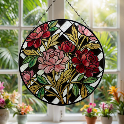 7.8"H Floral Pattern Stained Glass Window Panel