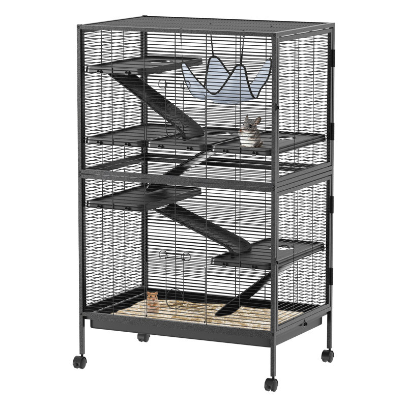 Cage en métal pour petits animaux avec roulettes, cage à 5 niveaux avec plateformes Rampes, hamac et plateau amovible pour les furets, les chinchillas, les cochons d'Inde, noir
