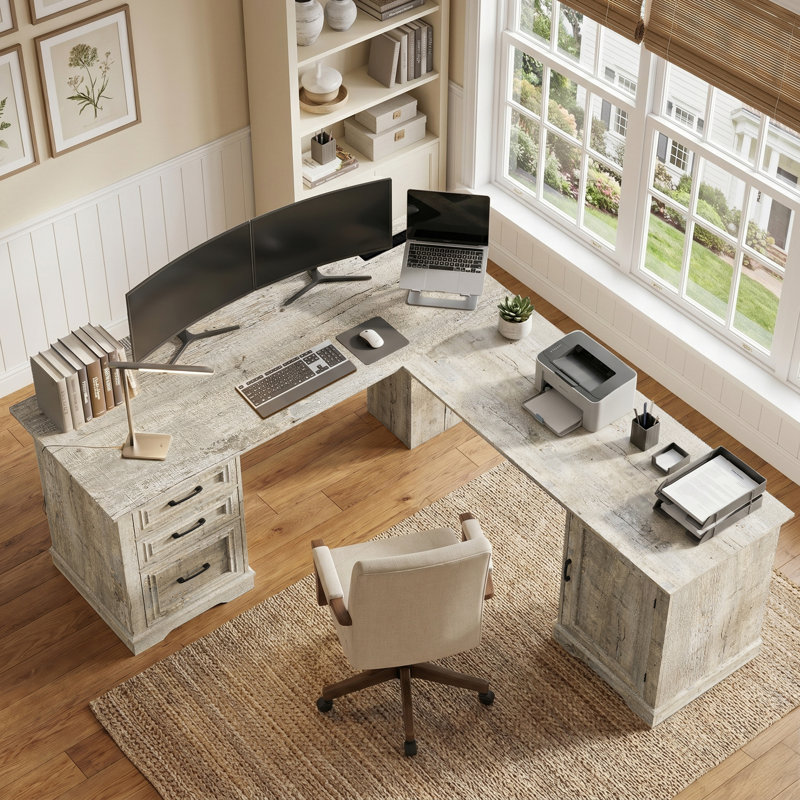 71" L-shaped Executive Desk With Power Outlets And  File Drawer