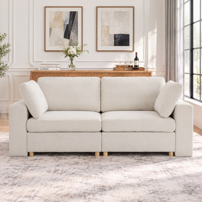 Upholstered Sofa with Storage, Solid Wood Legs and 2 Pillows