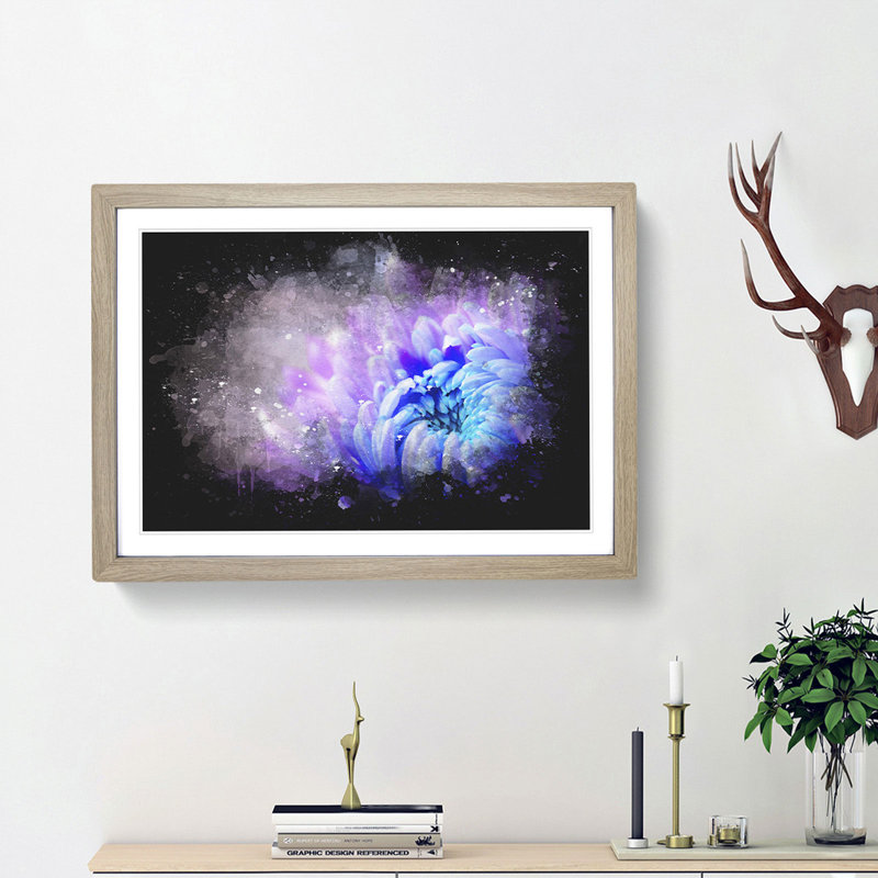 Lilac & Blue Chrysanthemum Paint Splash - Picture Frame Graphic Art, Oak Framed, 33cm H x 45cm W x 2cm D