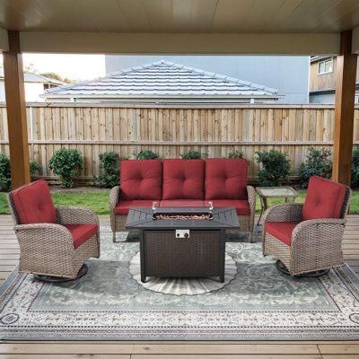5-Piece Outdoor Patio Wicker Relaxed Sofa Set With Swivel Chairs And Fire Pit Table