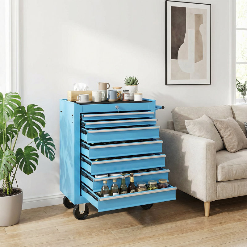 7-Drawer Rolling Tool Chest With Lock, Tool Cart Storage Cabinet Organizer With Wheels and Handle, Blue