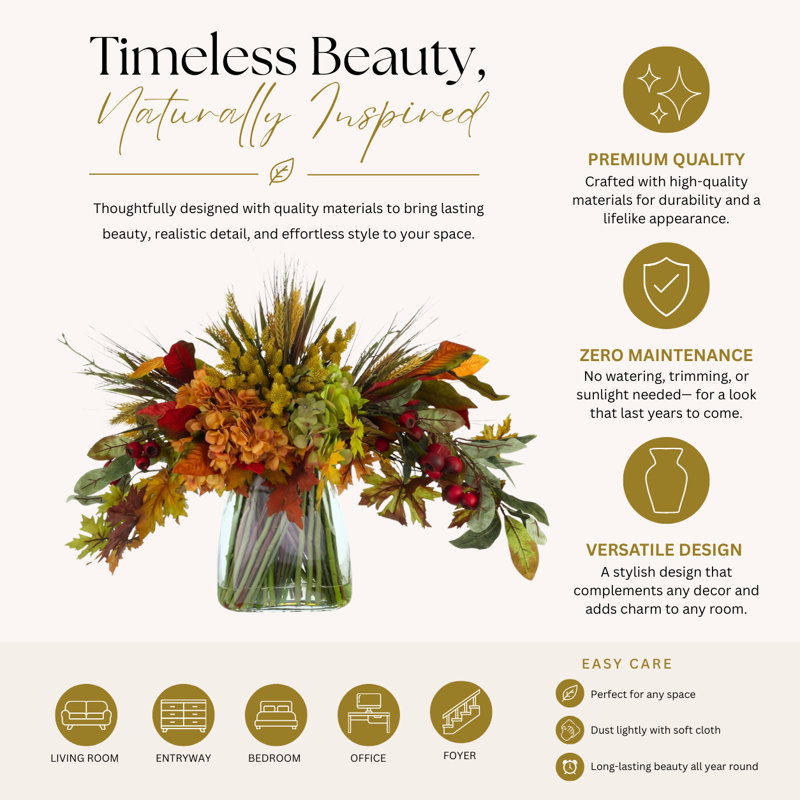 Fall Centerpiece with Hydrangeas and Maple Leaves, Green; Orange; Red; Yellow, 23" H x 31" W