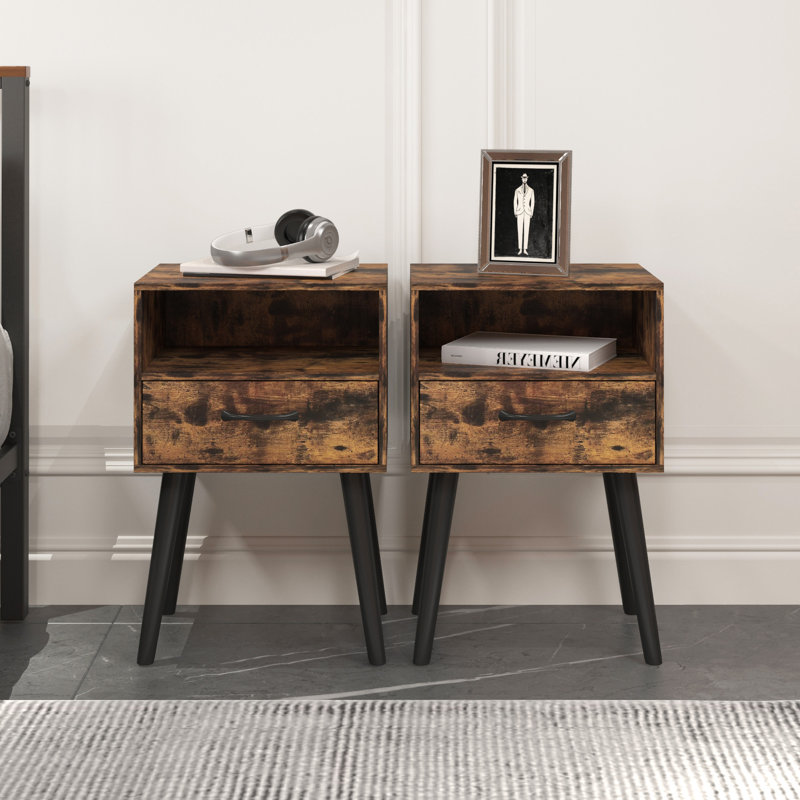 Set Of 2 Modern Nightstands With Storage Drawers And Open Wooden Shelves | Gift Idea, Gray