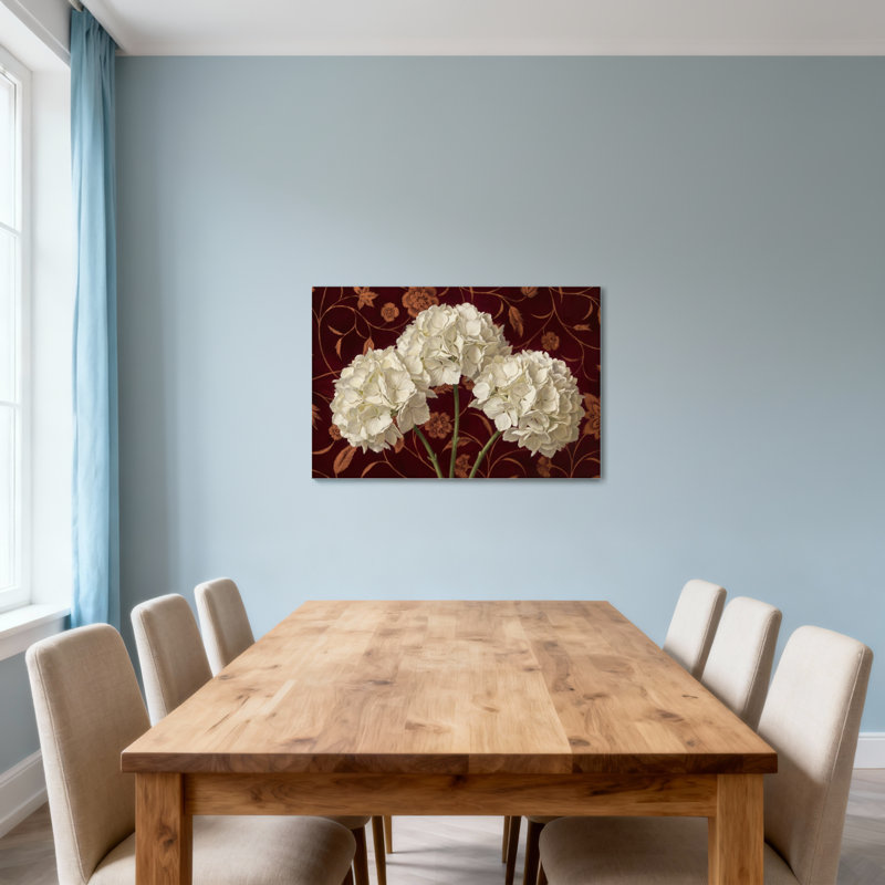 Plantes et fleurs Fleurs blanches sur fond rouge à motifs, H 24 po x l 36 po
