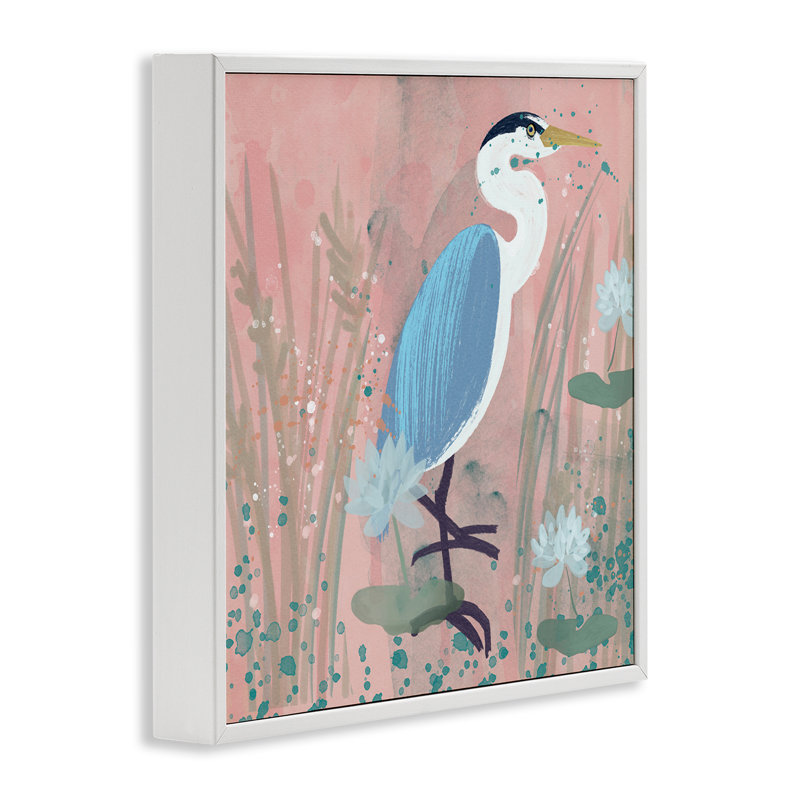 Oiseau côtier avec fleurs de lotus, estampe numérique par Juliet Rose Philips, Giclée encadrée blanc bord de mer