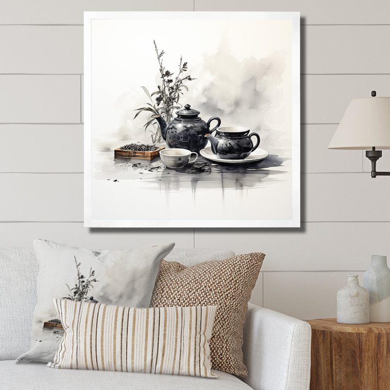 Ensemble de thé noir et blanc «Boho», poterie «Boho Pottery», art mural, H 30 po x l 30 po x P 1,5 po, Cadre simple blanc