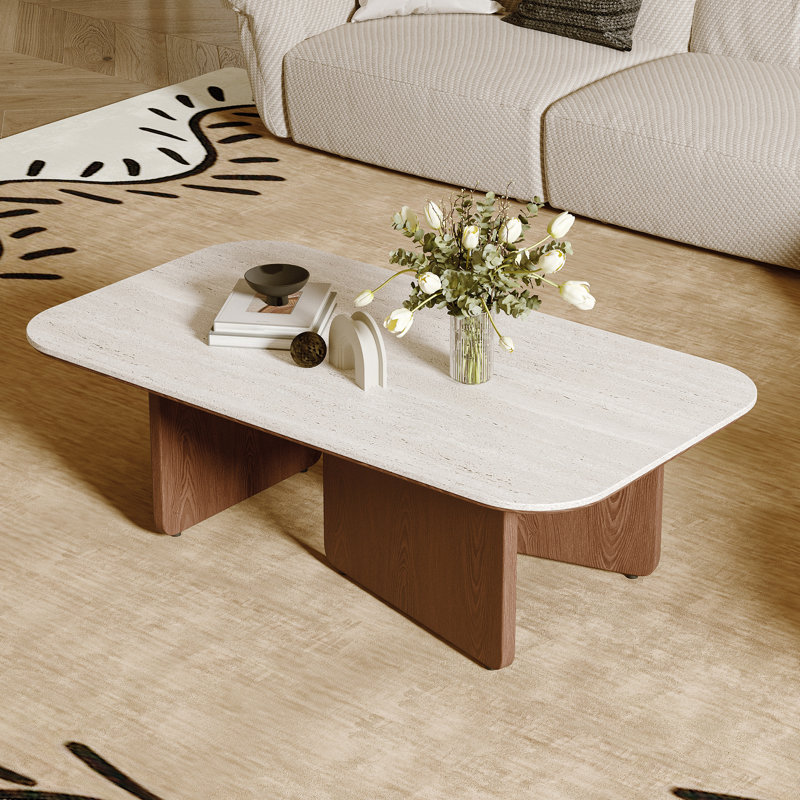Table basse de style Mid-Century 51,18 po, plateau de table en pierre frittée beige, 3 pieds en bois massif, brun, Beige