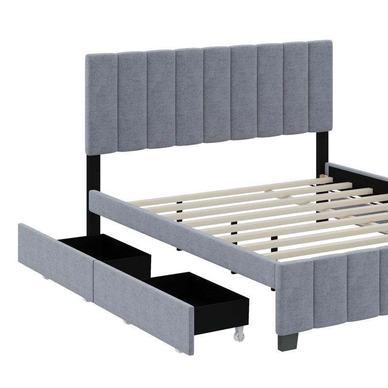 Grand lit plateforme tapissier en velours avec tiroirs et lit gigogne, Gris