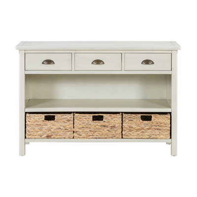Retro Console Table With 3 Storage Drawers, Entryway Table With 3 Water Hyacinth Woven Baskets,Wooden Accent Sofa Table Buffet Cabinet For Entryway, Hallway And Living Room (Antique White)