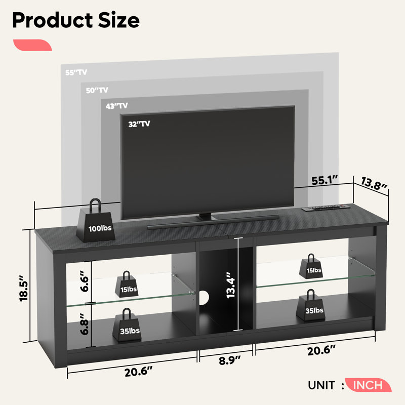Meuble télé Roika pour meuble télé 60 po avec tablettes en verre et prise de courant Roika, Fibre de carbone