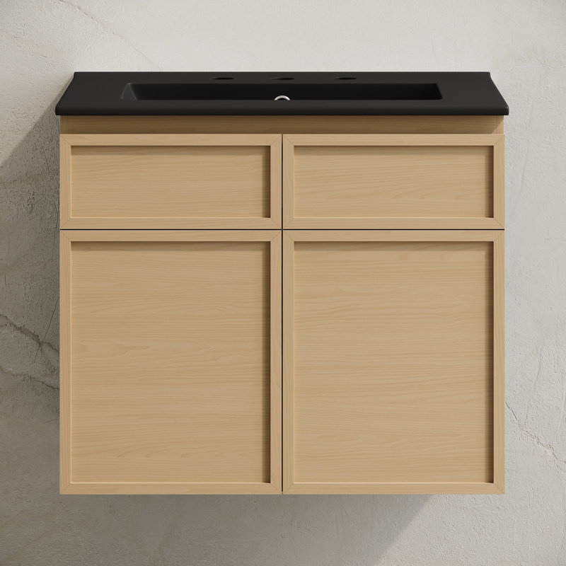 Meuble-lavabo mural 24 po St. Tropez en chêne naturel avec comptoir noir à 3 trous, Noir, Ensemble central de 4 po