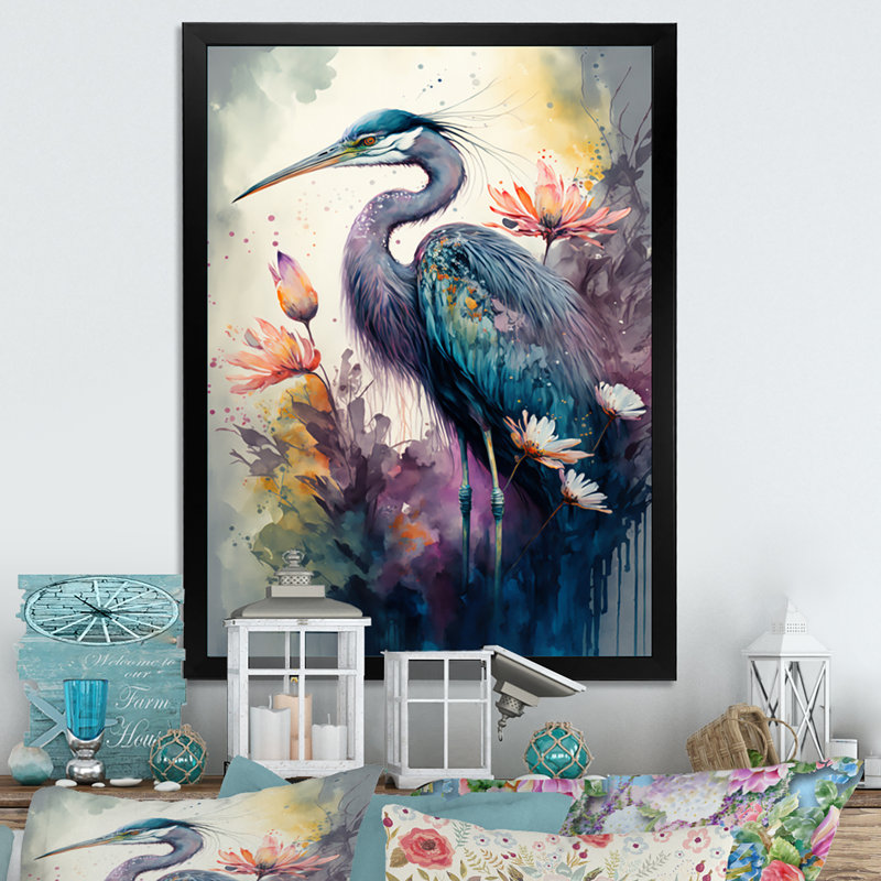 «Cute Heron Floral Art II», peinture sur toile, Impression noire sur toile encadrée, H 32 po x l 16 po x P 1 po