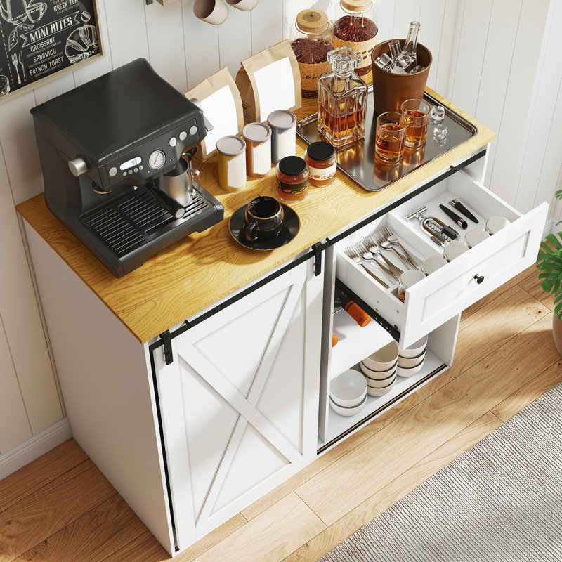 Farmhouse Coffee Bar Cabinet, Coffee Bar Hutch With Storage, Buffet Cabinet With Sliding Barn Door For Living Dining Room