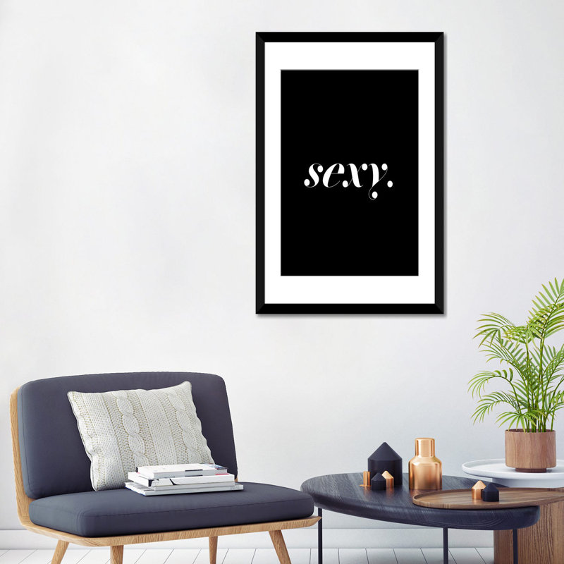 « sexy », art textuel sur toile, Papier d'art encadré noir, H 32 po x l 24 po x P 1 po, Blanc