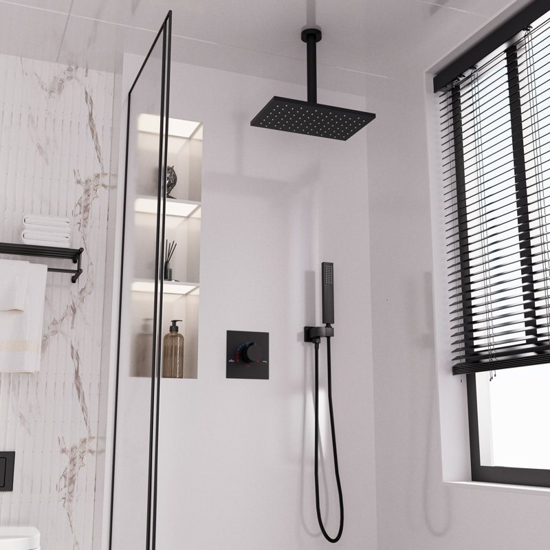 Système de douche à effet pluie noir mat à fixation au plafond avec robinetterie encastrée, ensemble de robinetterie carrée à 2 fonctions avec douchette à main