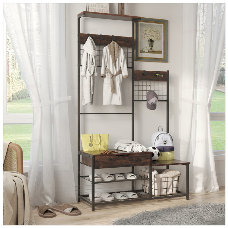 4-In-1 Industrial Hall Tree With Storage Drawer, Soft Cushion, And Stable Metal Frame For Entryway And Living Room