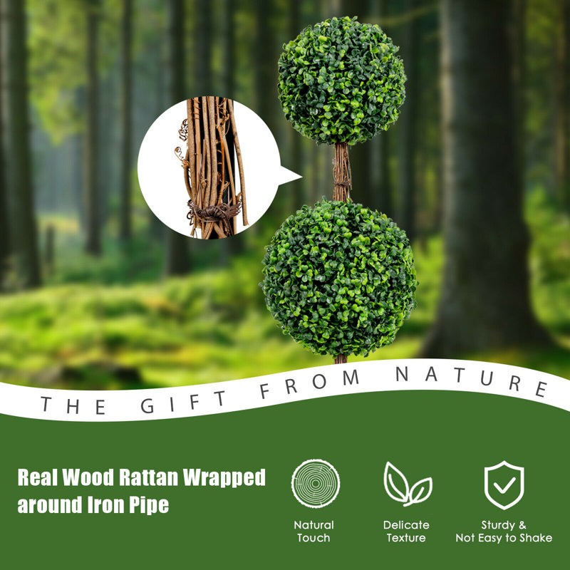 36'' Green Plastic Double Ball Topiary in Cement Pot