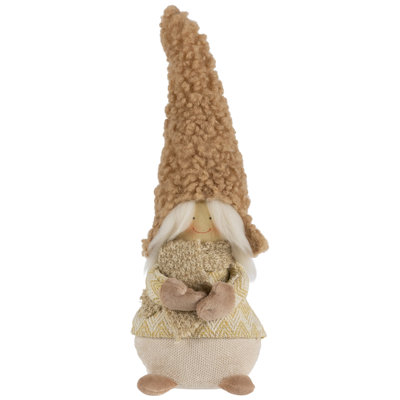 Standing Gnome Girl With Plush Hat Christmas Figurine - 11.5"