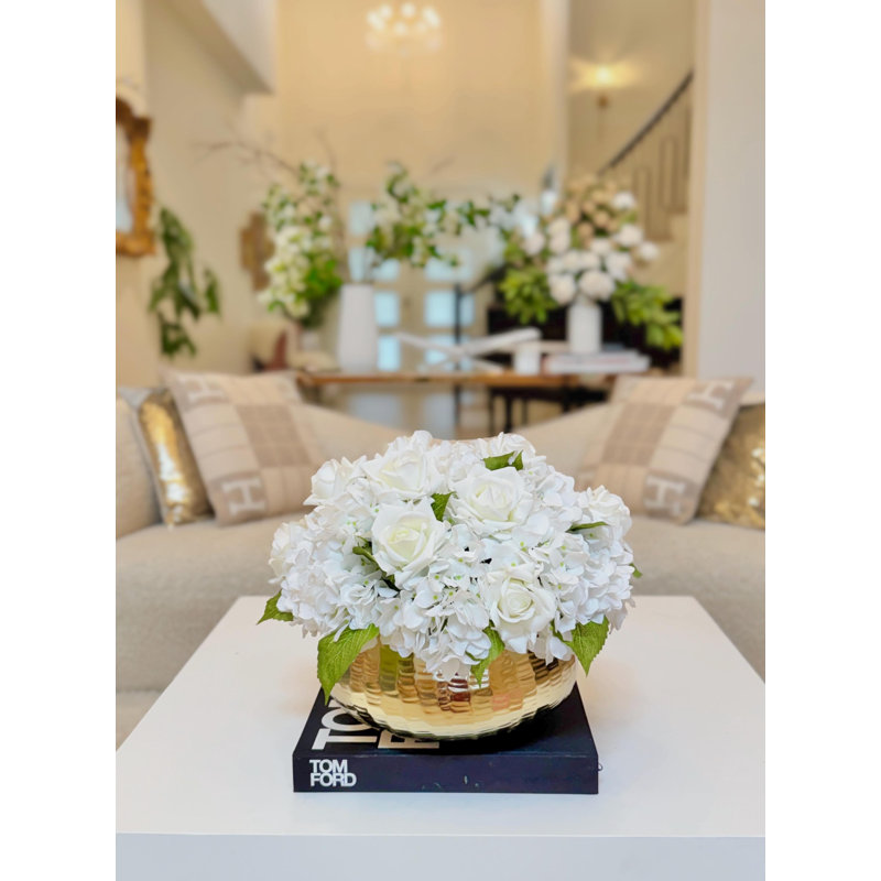 19 Inch Real Touch Cream Rose and White Hydrangea Centerpiece in Gold Hammered Metal Bowl Vase, Large French Country Faux Floral Arrangement for Dining Table and Coffee Table