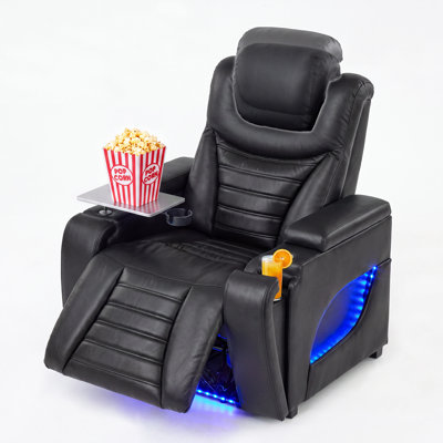 Fauteuil inclinable électrique respirant en similicuir de 38,4 po de largeur avec appui-tête réglable, table-plateau, porte-gobelet et accoudoirs cachés, ports de charge