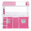 Lit plateforme simple en bois massif de style cabane simple avec tente et fenêtre, rose et blanc doux