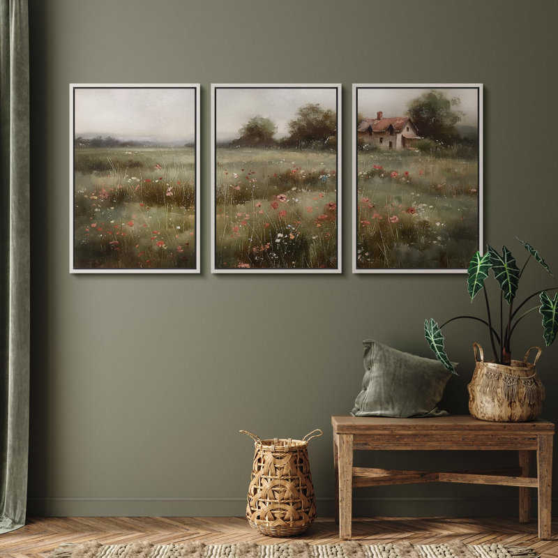 " Tranquil Meadow Cottage In Misty Fields Serene Pastoral " 3 - Pieces, Blanc, H 36 po x l 24 po x P 1,5 po