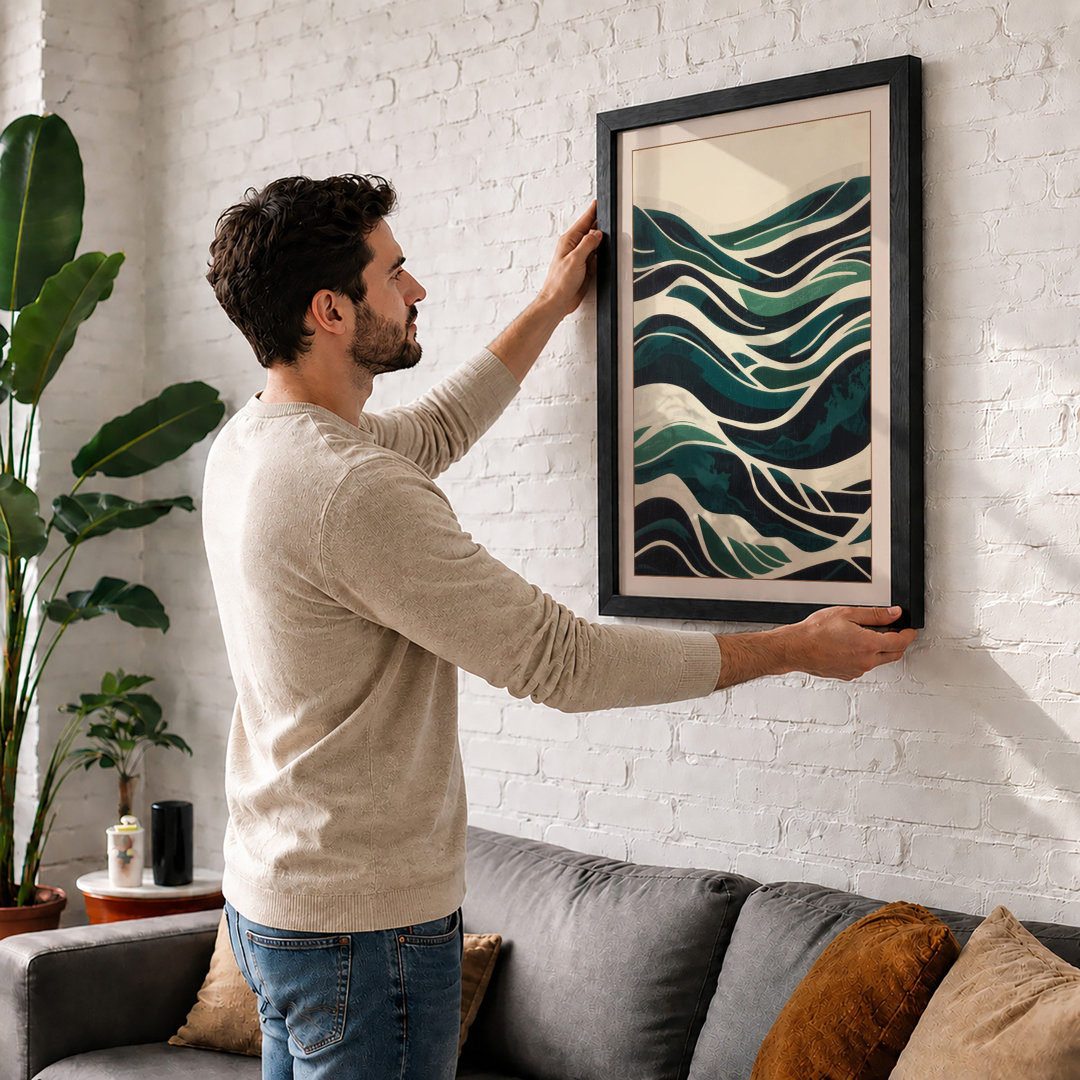 Flowing Teal Waves Minimalist - Framed Print
