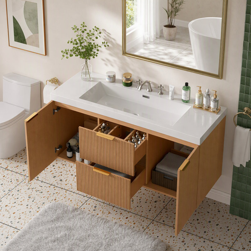 Meuble-lavabo simple 47,24 pouces avec comptoir en bois massif, armoire en MDF, portes à fermeture en douceur, tiroirs divisés, meuble-lavabo mural moderne