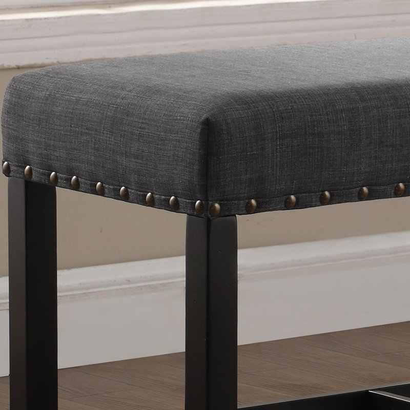 Banc en tissu gris à hauteur de comptoir - garniture cloutée, siège en lin et en coton, fabrication en bois franc massif, l 41 po x P 16,5 po H 25,5 po avec tissu, revêtement