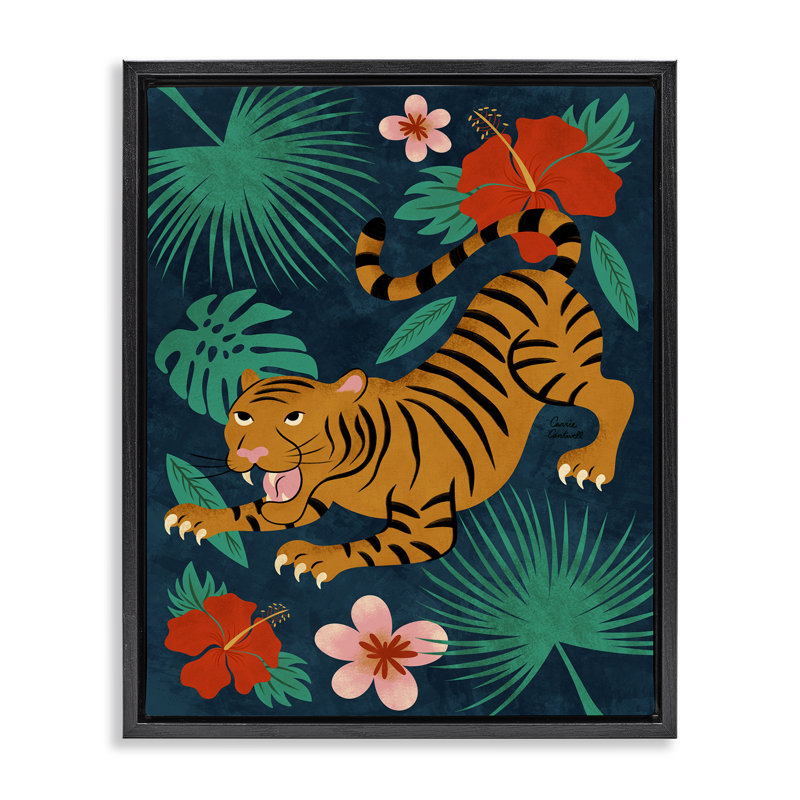  "Tigre accroupi", art mural par Carrie Cantwell, Cadre flottant noir de jais, H 21 po x l 17 po