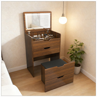 Bureau de coiffeuse 3 en 1 avec miroir éclairé et tabouret, coiffeuse à plateau rabattable, rangement compact pour la chambre à coucher, la salle de bain et le vestiaire