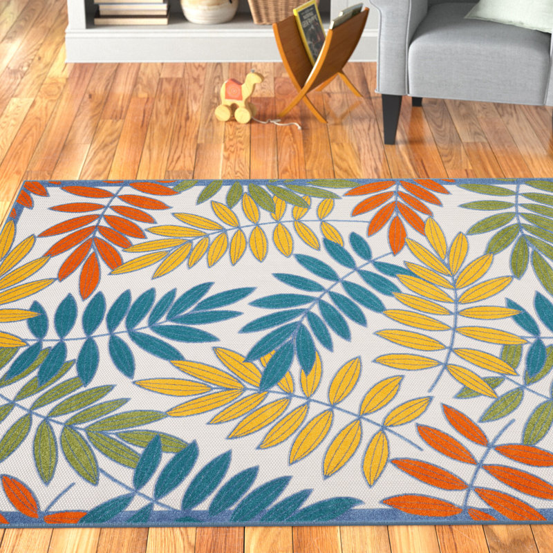 Leonhardt Floral Green/Blue/Yellow/Orange Indoor/Outdoor Area Rug, Rectangle 6' x 9'