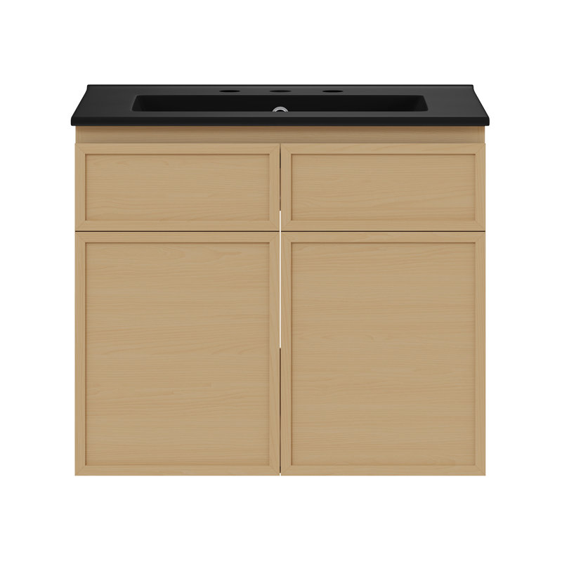 Meuble-lavabo mural 24 po St. Tropez en chêne naturel avec comptoir noir à 3 trous, Noir, Ensemble central de 4 po