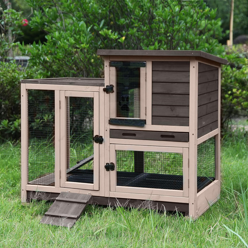 Cage à lapin avec cage pour lapins et 2 plateaux profonds sans fuite - 4 roulettes incluses pour l'extérieur (café), Café