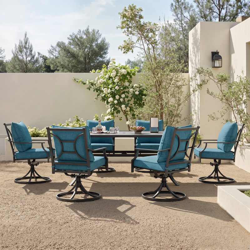 Ensemble repas d'extérieur en métal 7 pièces avec coussins, 7 Pieces: Table, 6 Swivel Chairs