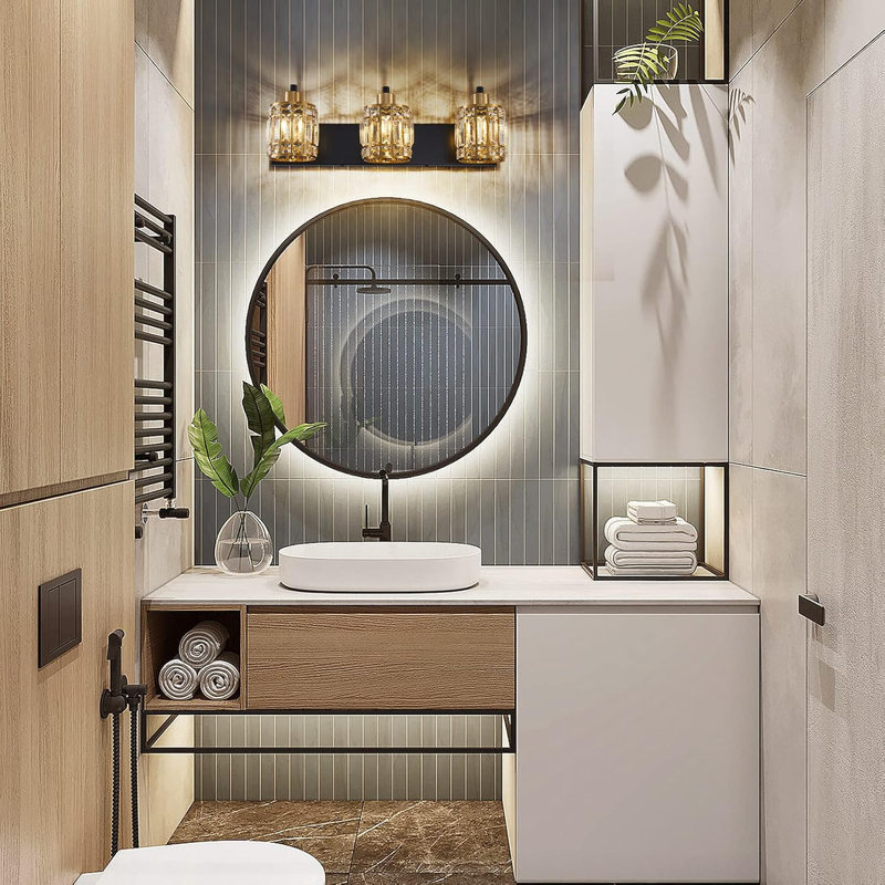 Éclairage pour meuble-lavabo de salle de bain 3 lumières avec abat-jour en cristal, luminaire mural moderne noir mat et doré pour miroir, lavabo et vestibule