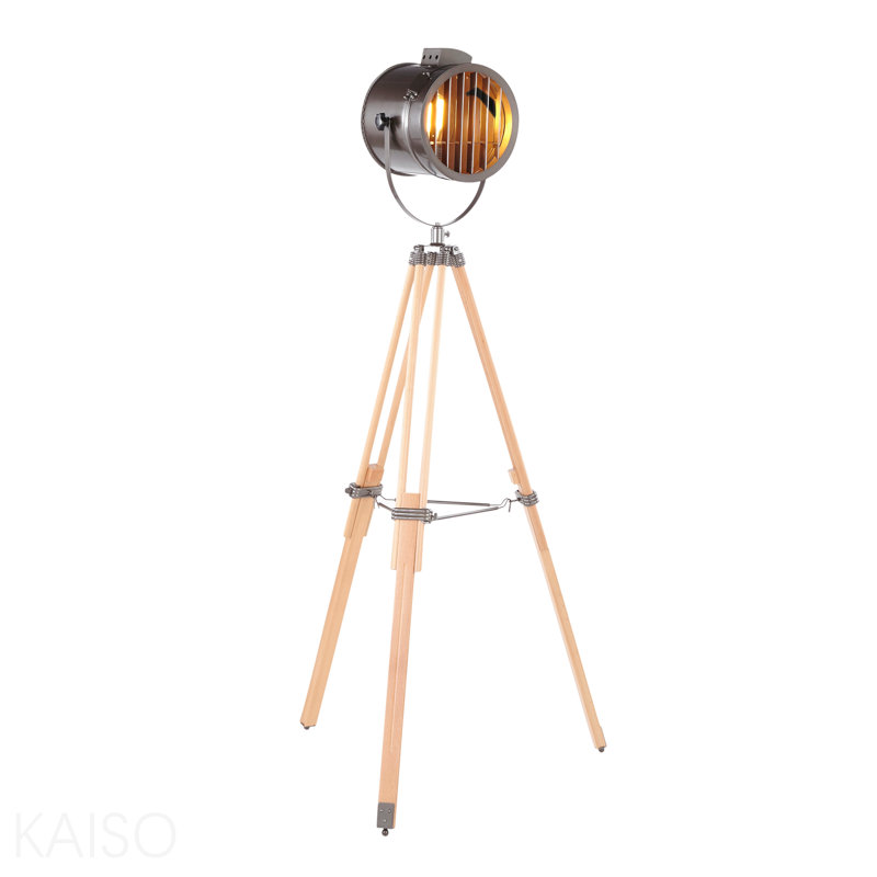 Lampe sur pied en bois naturel et métal antique