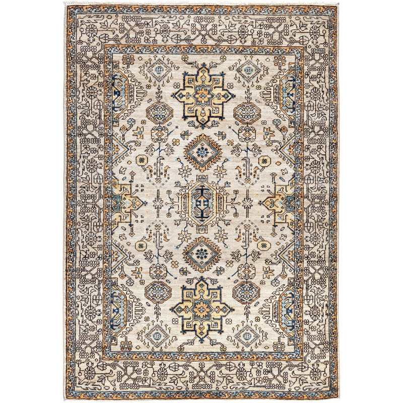 Tapis unique noué à la main Raffin - gris, 4 pi 0 po x 5 pi 9 po Raffin