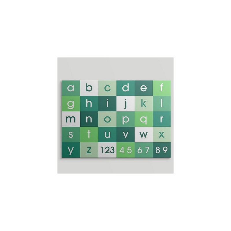«Alphabet» par Justin, art textuel en vert, H 18 po x l 24 po x P 1,25 po, Toile