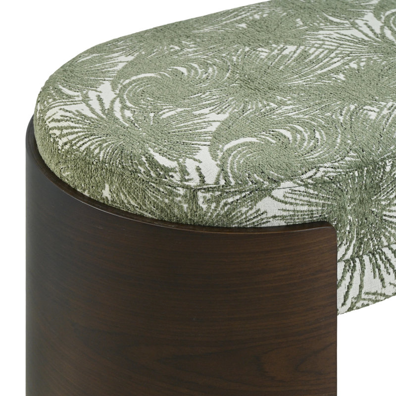 Palm Print Upholstered Bench with Curved Wood Legs, Green