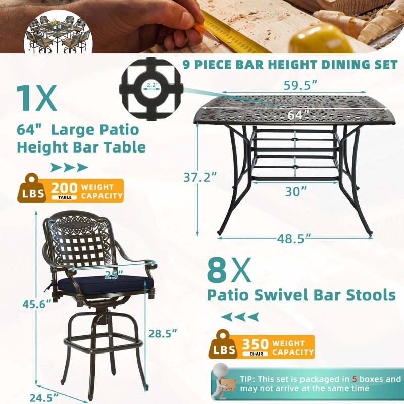 9-piece Outdoor Patio Swivel Bar Set, All Weather Cast Aluminum High Top Patio Bar Furniture With 8 Cushioned Swivel Bar Stools, Large 64" Square Patio Bar Height Table, 2.2" Umbrella Hole