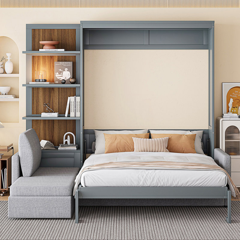 Grand lit escamotable, lit escamotable avec canapé et tablettes, Gris