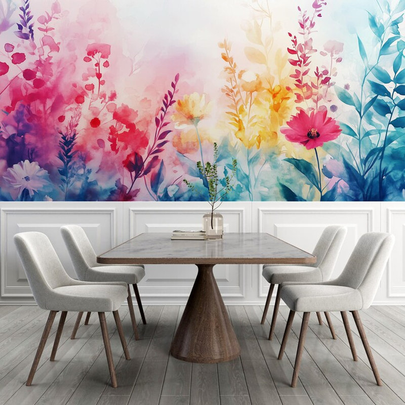 Aquarelle jardin de fleurs sauvages en fleurs, L 96 po x l 108 po