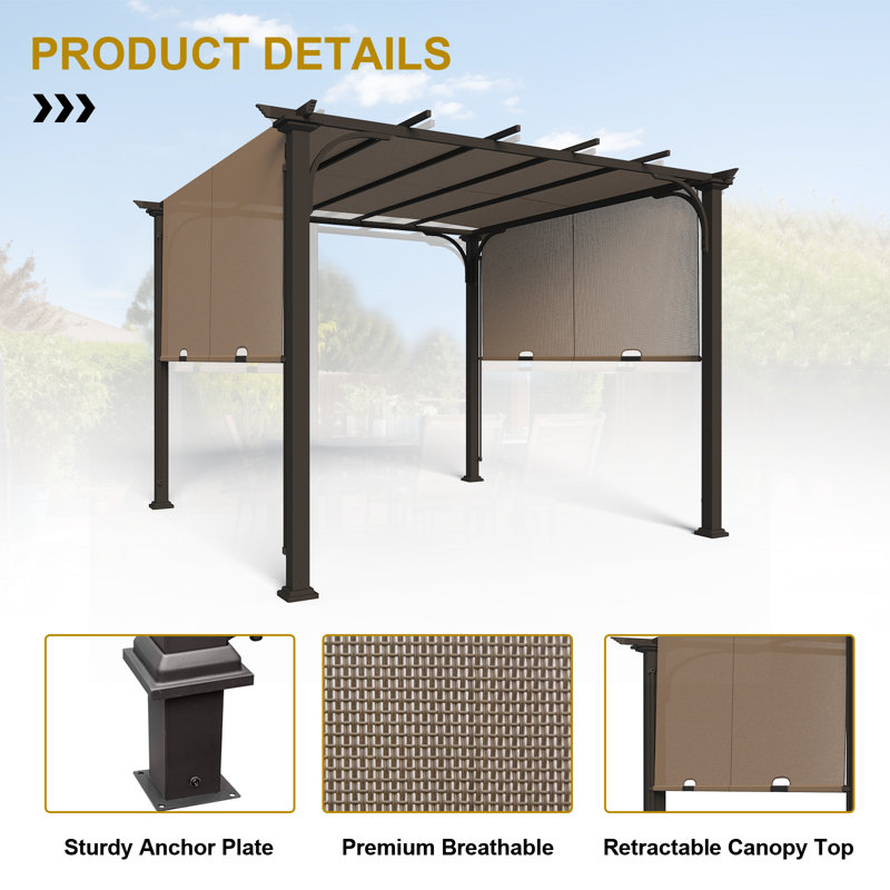 10x10 Tan Steel Pergola with Retractable Canopy